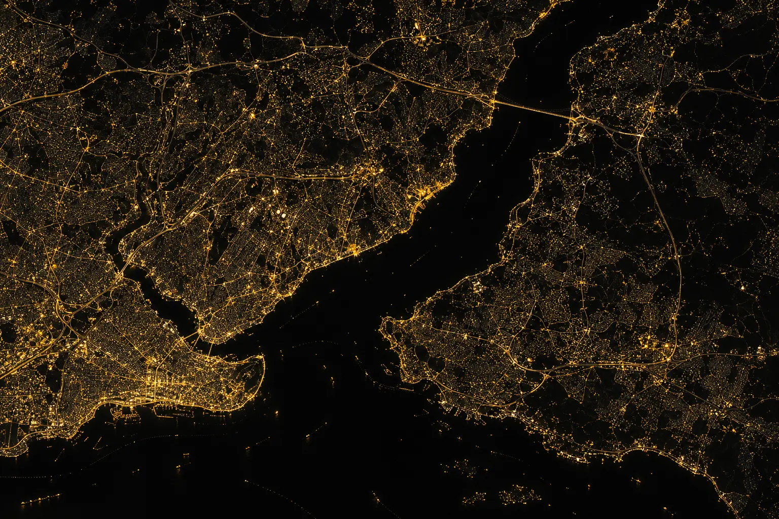 Black and yellow dot map of the Bosphorus and the Ortaköy area in Istanbul